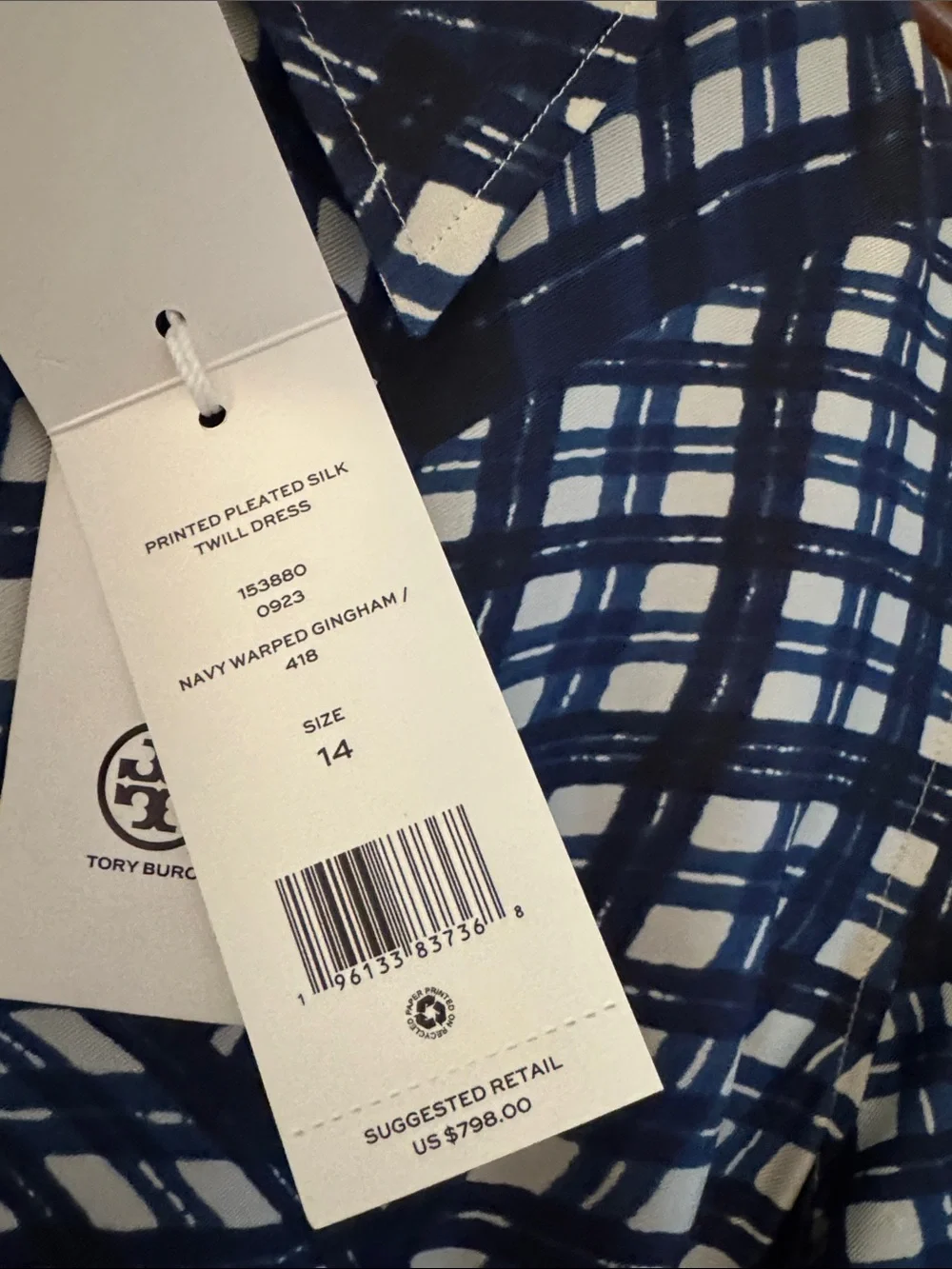 Tory Burch Navy Warped Gingham and White Long Sleeve Shirt Dress NWT